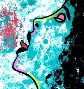 ABONDANCE, peinture acrylique contemporaine de Paolina Mendes, visage féminin formé par des traits de couleur, palette bleue et verte, grâce, douceur et féminité.