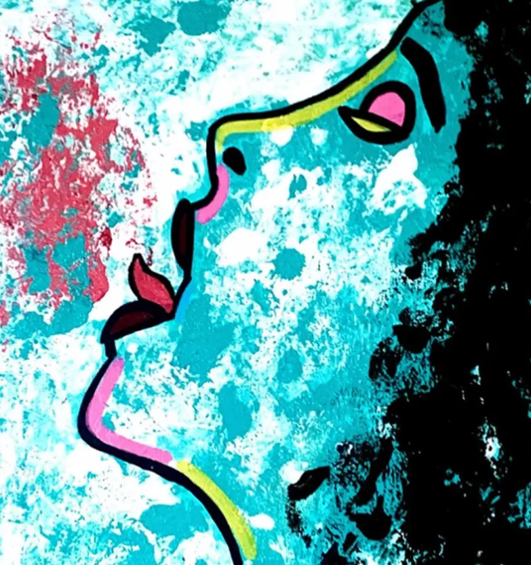 ABONDANCE, peinture acrylique contemporaine de Paolina Mendes, visage féminin formé par des traits de couleur, palette bleue et verte, grâce, douceur et féminité.