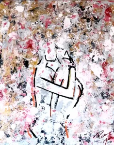 FEED BACK, peinture acrylique contemporaine de Paolina Mendes, deux femmes en interaction, relation féminine, tension entre douceur et brutalité, art queer, émotions et lien.