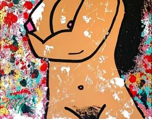 CATARINA, peinture acrylique contemporaine de Paolina Mendes, silhouette féminine nue et fière, palette rose rouge vert et or, célébration de la femme latine, puissance, liberté et confiance en soi.
