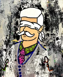 Clito et KPI, peinture acrylique contemporaine de Paolina Mendes, homme aux yeux bandés portant une cravate, critique du patriarcat, satire du pouvoir masculin, art féministe contemporain.