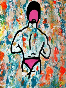 Couleur Interdite, peinture acrylique contemporaine de Paolina Mendes, corps masculin musclé, célébration de la liberté du regard, hommage à la communauté gay, art queer contemporain.