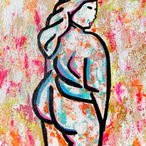 DIVINE, peinture acrylique contemporaine de Paolina Mendes, figure féminine sacrée, corps lumineux, spiritualité et puissance intérieure, art contemporain.