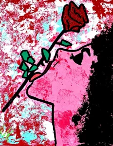Espina de Rosa, peinture acrylique contemporaine de Paolina Mendes, relation entre deux femmes, désir et tension émotionnelle, amour et intimité, art contemporain queer.