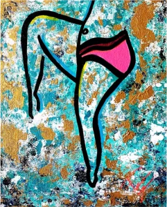 HYPNOSE, peinture acrylique contemporaine de Paolina Mendes, femme en mouvement de danse, palette bleue et verte, art féminin et fluidité.