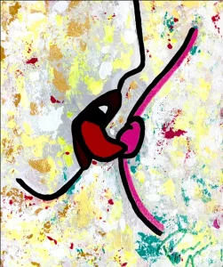 L, peinture acrylique contemporaine de Paolina Mendes, silhouette féminine abstraite, corps en mouvement, lignes fluides, art contemporain, identité et expression.