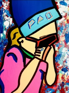 Œil Interdit, peinture acrylique contemporaine de Paolina Mendes, figure portant des lunettes, regard dissimulé, œuvre sur la perception et la perte de la vue, art contemporain introspectif