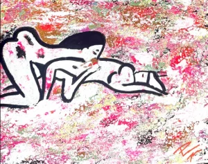 PASSION Pure peinture acrylique contemporaine de Paolina Mendes, deux femmes enlacées, relation féminine, tons colorés et sensuels, amour queer, intimité et émotion.