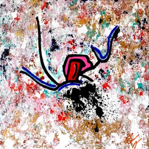 Q NI, peinture acrylique contemporaine de Paolina Mendes, figure énigmatique, questionnement intérieur, identité et trouble psychologique, art contemporain introspectif.