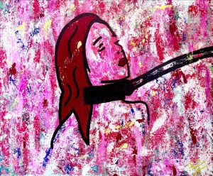 Rouge Soumis, peinture acrylique contemporaine de Paolina Mendes, figure en tension, rapport de pouvoir et de soumission, désir et domination, art contemporain psychologique